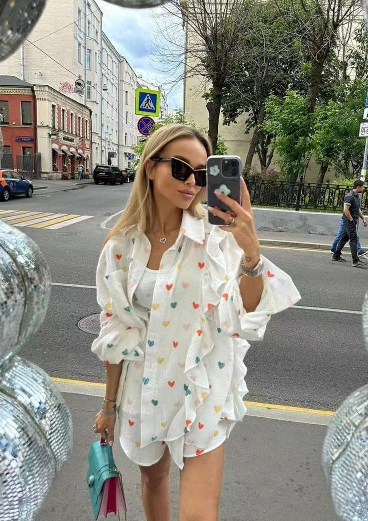 Ruffle Heart Printed Shirt and Shorts Set