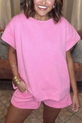 Women's Solid Textured Drawstring Shorts Set