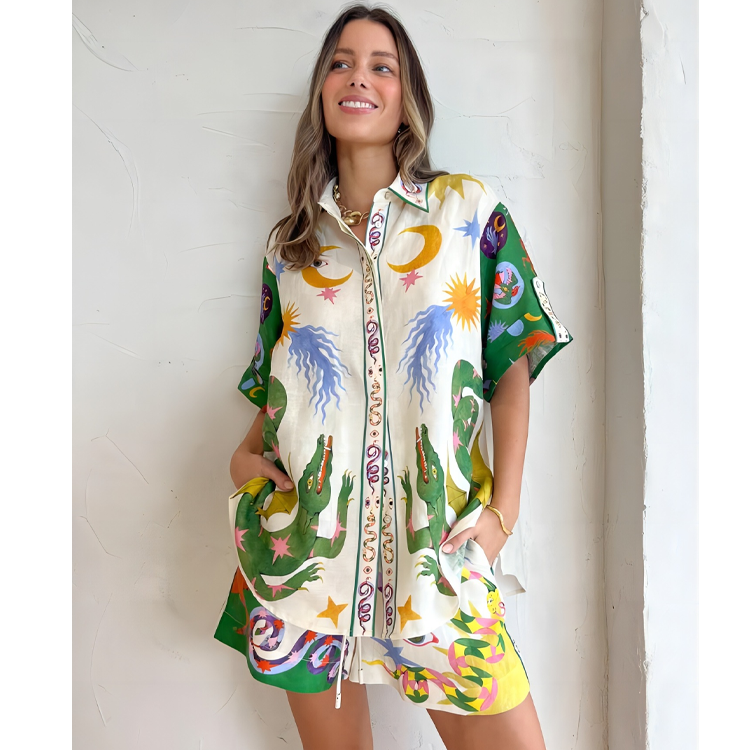Graffiti Printed Shirt and Shorts Set