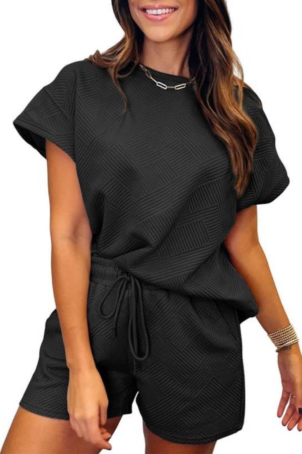 Women's Solid Textured Drawstring Shorts Set