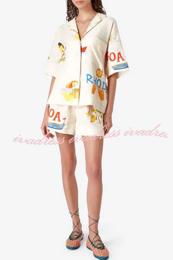 Hello Summer Linen Blend Hand-painted Print Blouse and Elastic Waist Pocketed Shorts Set