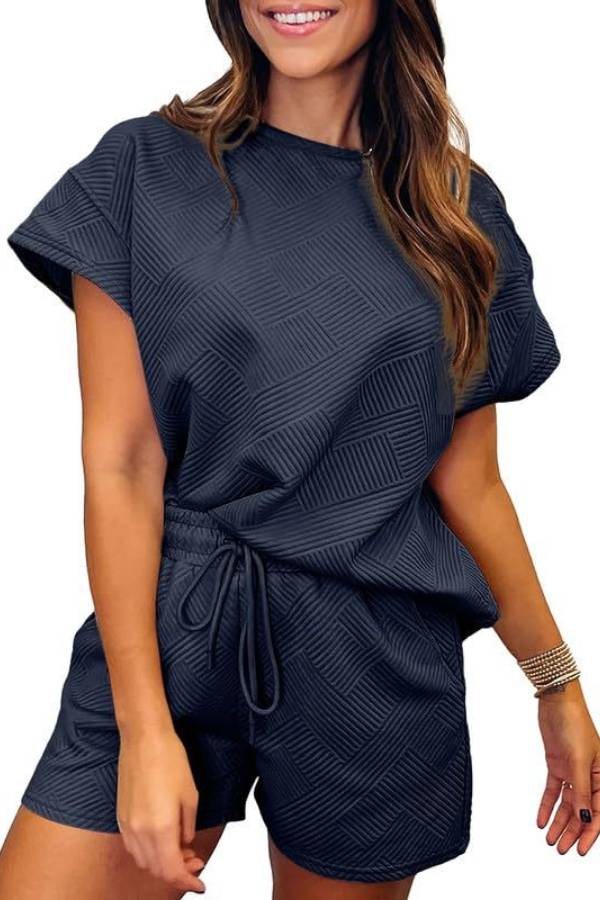 Women's Solid Textured Drawstring Shorts Set
