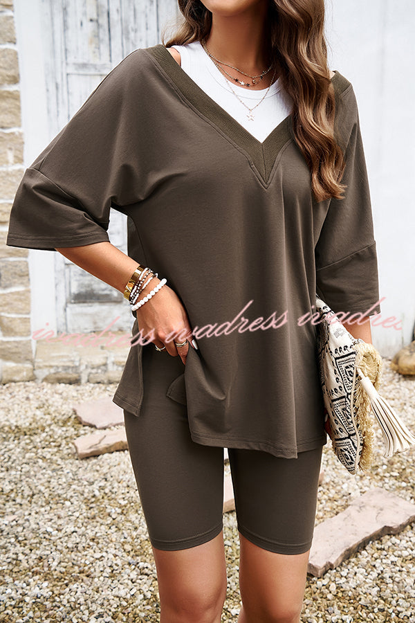 Commuting Style Solid Color V Neck Shorts Set