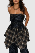 Beena Grid Asymmetric Buckle Lace Up Skirt
