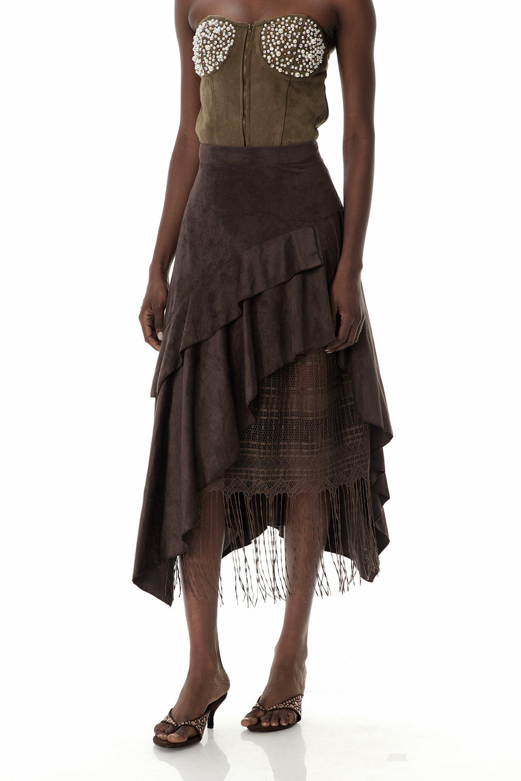 Cruz Suede Ruffle Lace Maxi Skirt
