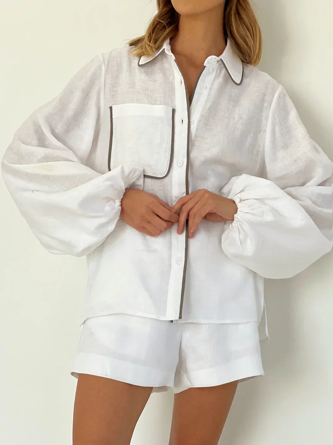 Cotton & Linen Contrast Trim Two Piece Shorts Set
