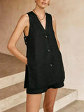 V-neck Sleeveless Vest & High-waisted Shorts Matching Set