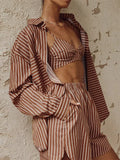 Single-breasted Long Sleeve Lapel Stripe Three Piece Shorts Set
