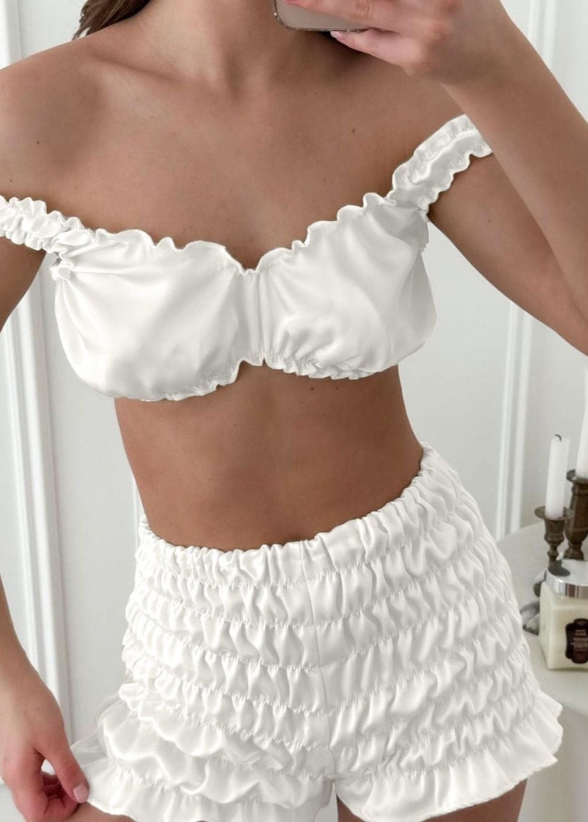 Satin 3-Piece Loungewear Set – Bralette. High-Waist Shorts & Long Robe