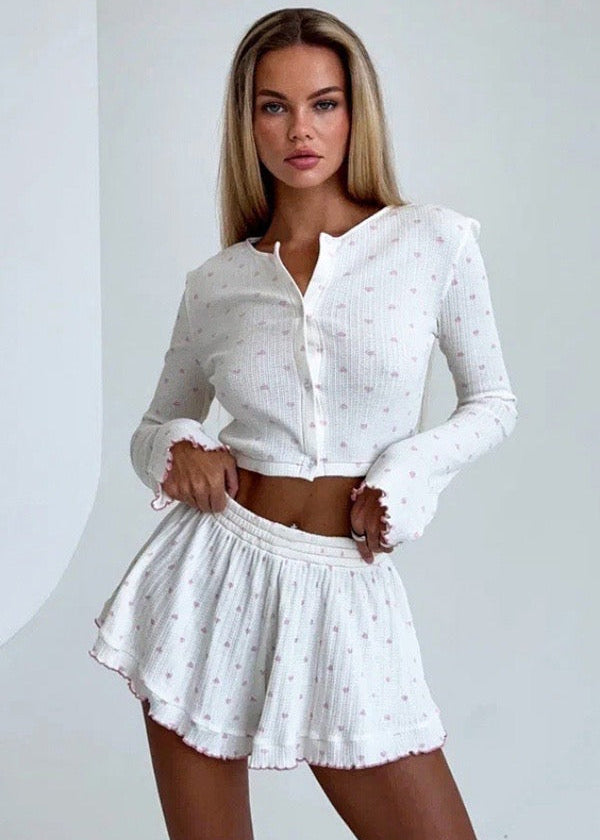 Sweetheart Knit Two-Piece Set – Long Sleeve Top & Flared Shorts