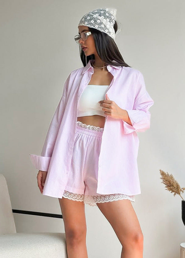 Pink Pinstripe Oversized Shirt & Lace-Trim Shorts Set – 2-Piece Women's Outfit