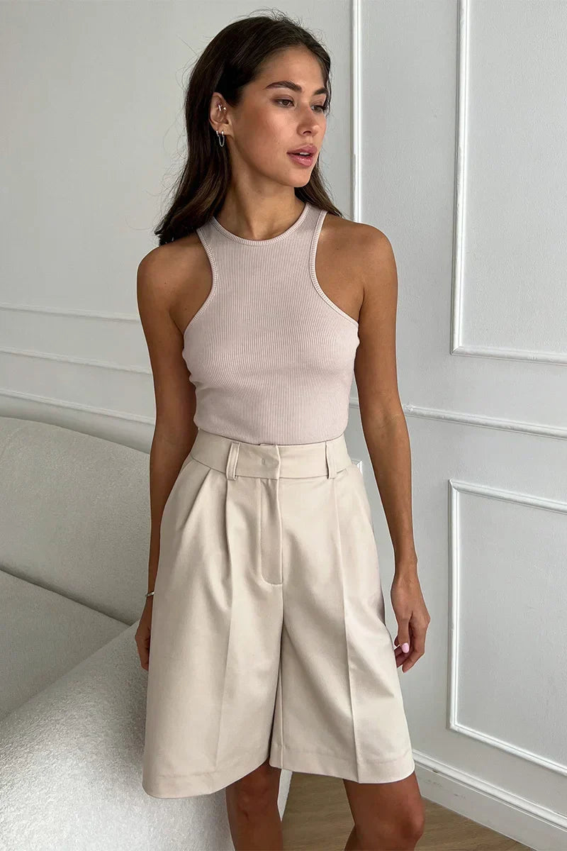High Waist Pleated Bermuda Shorts