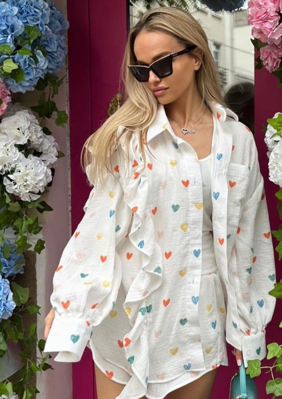 Ruffle Heart Printed Shirt and Shorts Set