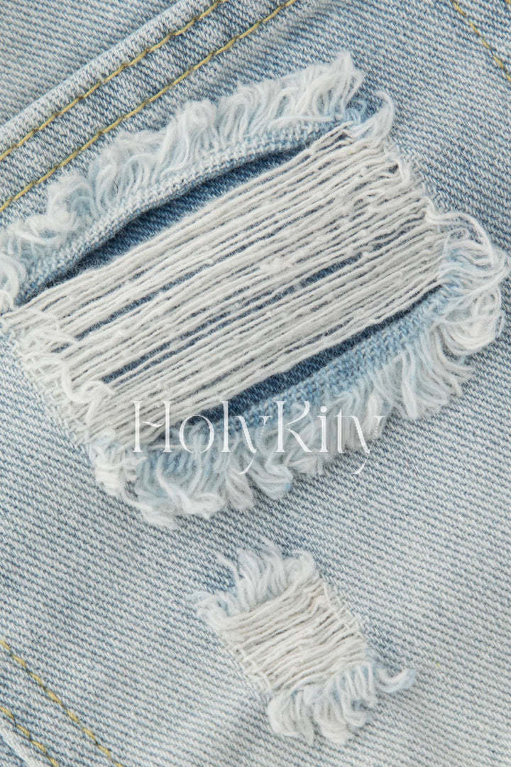 Pearl Embellished Frayed Distressed Denim Shorts