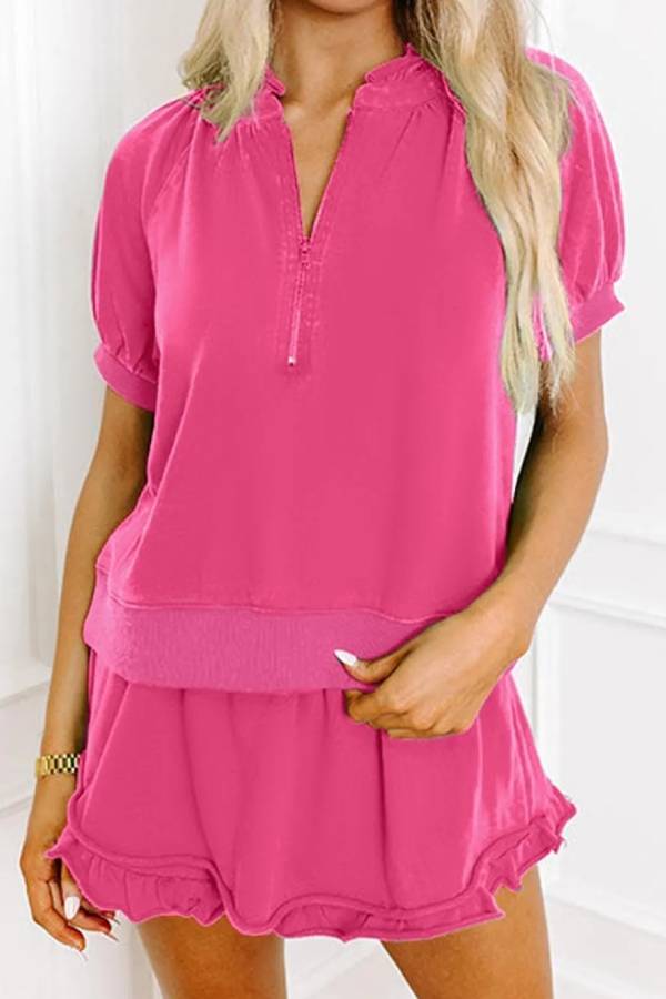 Women's Casual Half-zip Top and Ruffle Shorts Set