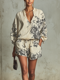 Floral Print Linen Two-Piece Set With Relaxed Blouse And High-Waist Shorts
