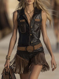 Vintage Western Dark Brown Distressed Leather V-Neck Vest And Tassel Shorts Set