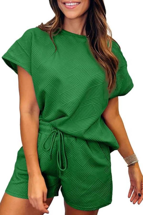 Women's Solid Textured Drawstring Shorts Set