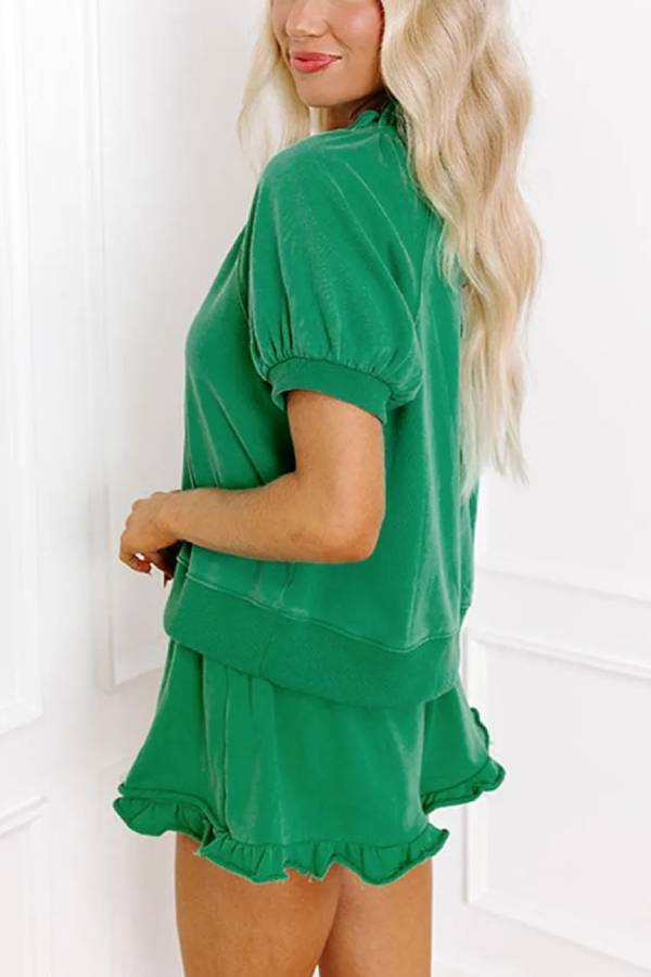 Women's Casual Half-zip Top and Ruffle Shorts Set