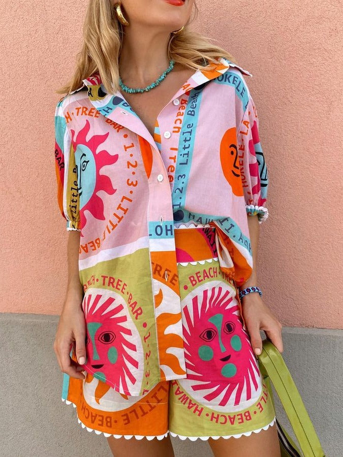 Puff Sleeve Printed Shirt and Shorts