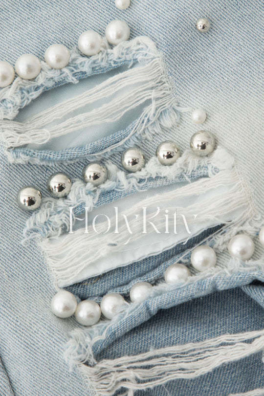 Pearl Embellished Frayed Distressed Denim Shorts
