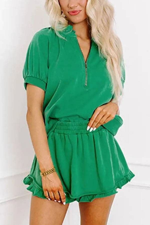 Women's Casual Half-zip Top and Ruffle Shorts Set
