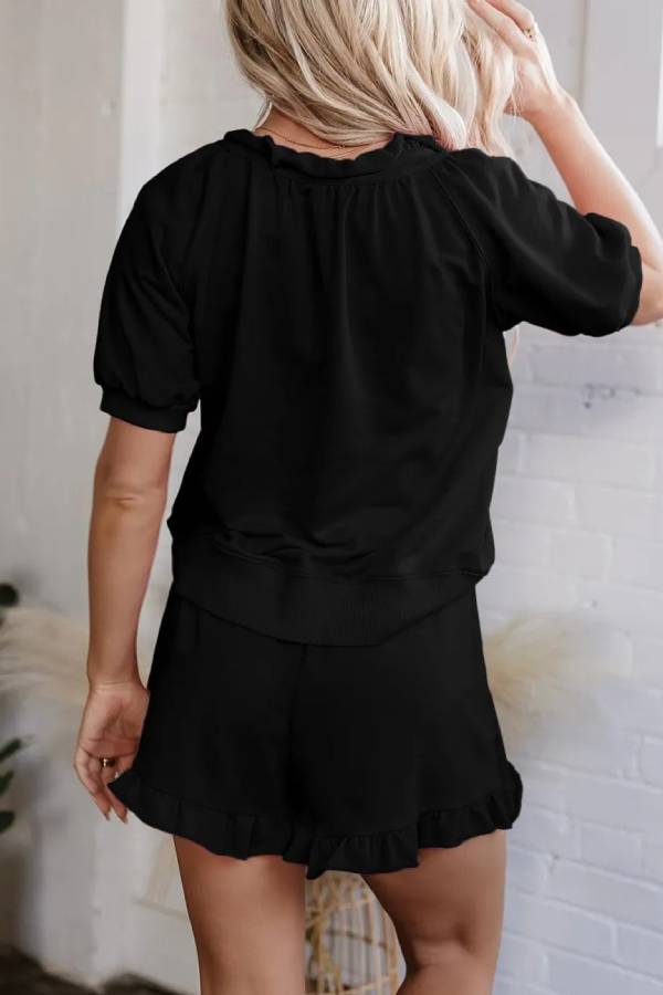 Women's Casual Half-zip Top and Ruffle Shorts Set