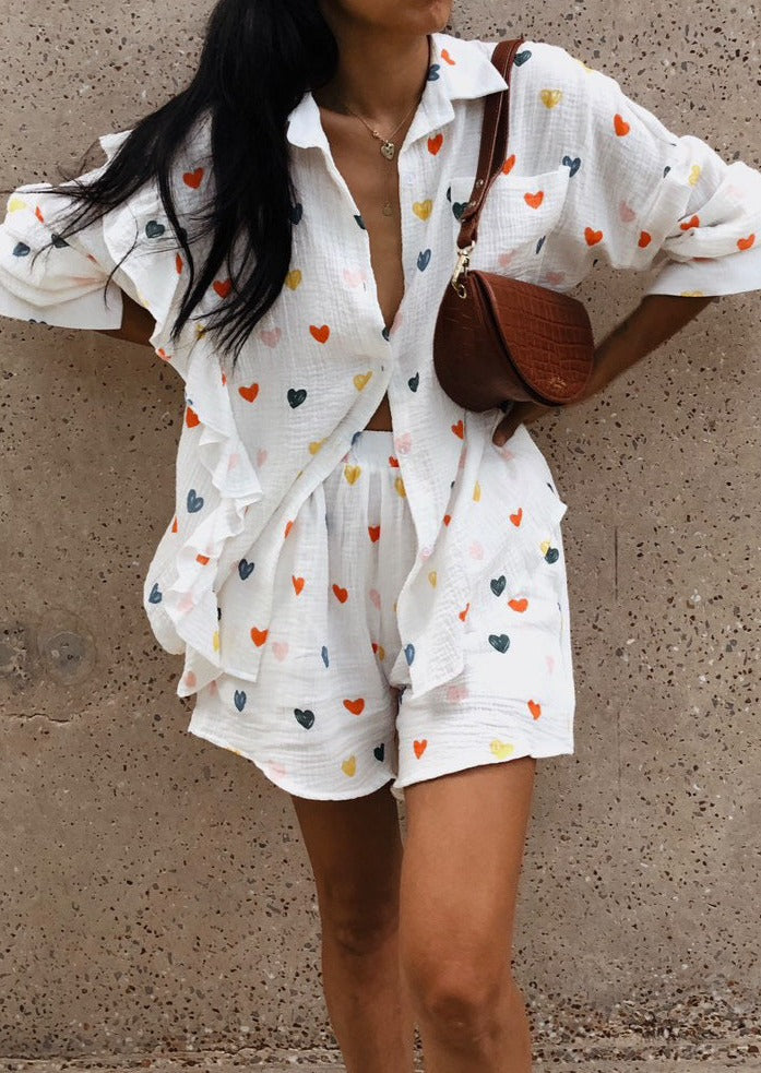 Ruffle Heart Printed Shirt and Shorts Set