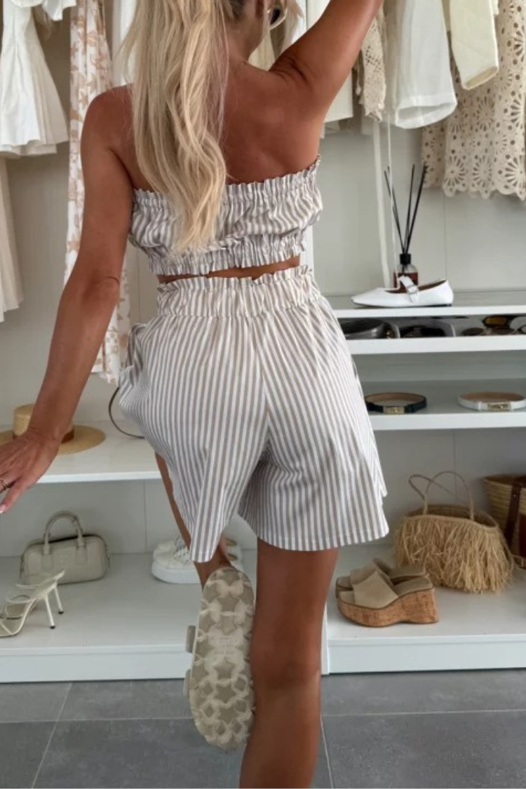 Zoie Striped Stretch Bandeau + Elastic Waist Pocket Shorts + Oversized Blouse 3 Pieces Set