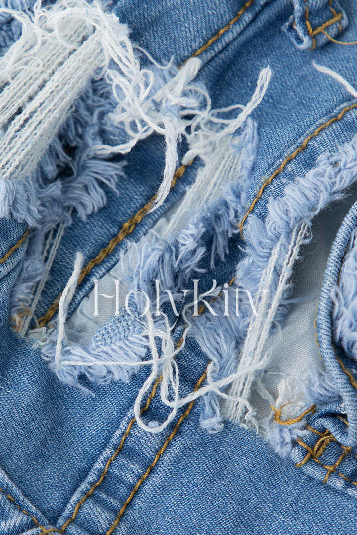 Frayed Destroyed Denim Shorts