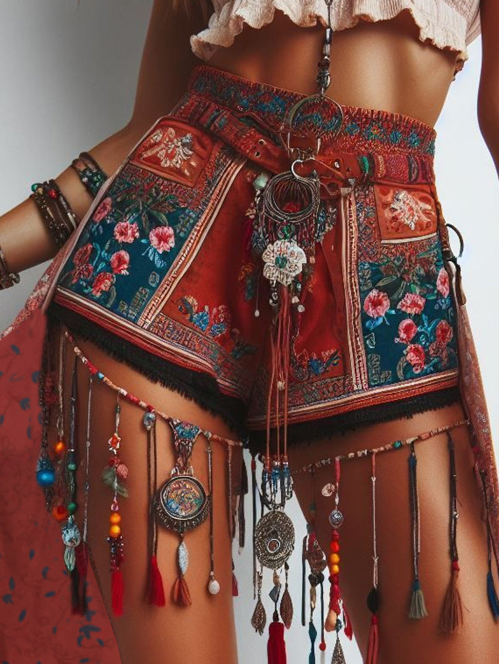 Boho Floral Pattern High Waist Raw Trim Shorts
