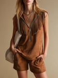 Western-style Vintage Stand-collar Zippered Sleeveless Faux Suede Top And Shorts Set