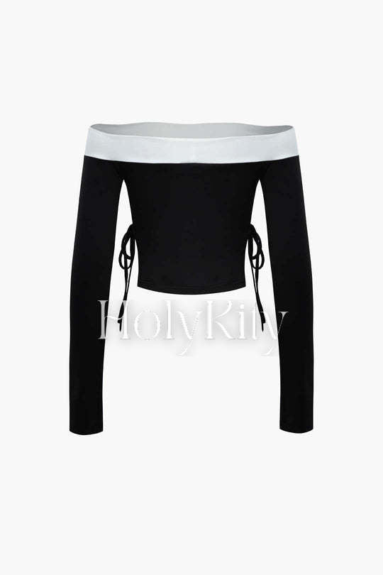 Contrast Off Shoulder Tie Side Long Sleeve Top And Shorts Set