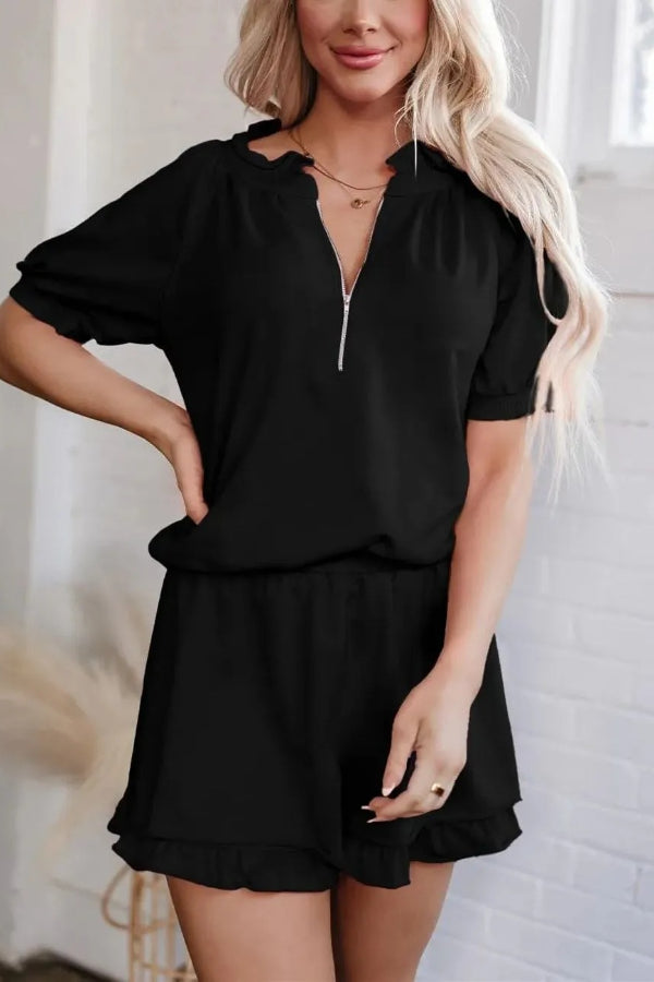 Women's Casual Puff Sleeve Top and Ruffle Shorts Set