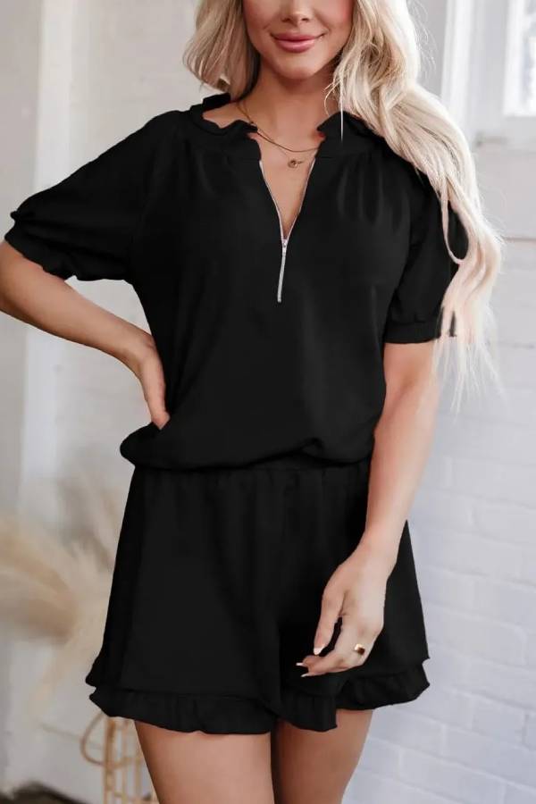 Women's Casual Half-zip Top and Ruffle Shorts Set