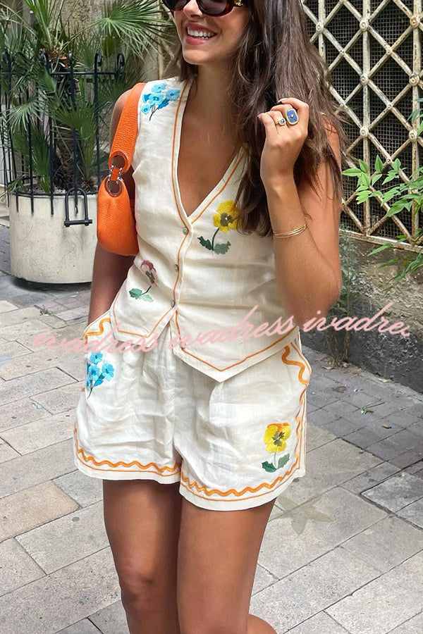 Summer Flower Printed Linen Blend Button Vest and Elastic Waist Pocketed Shorts Set