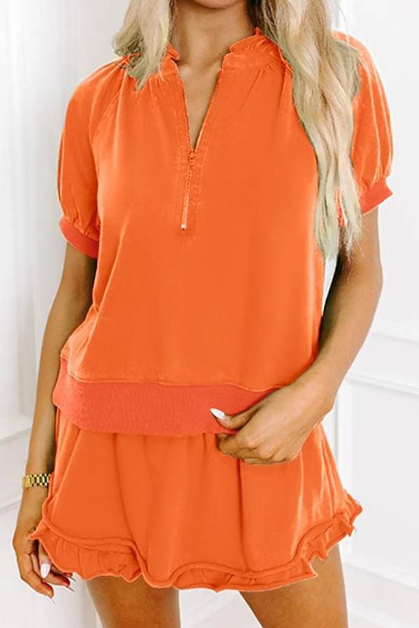 Women's Casual Half-zip Top and Ruffle Shorts Set