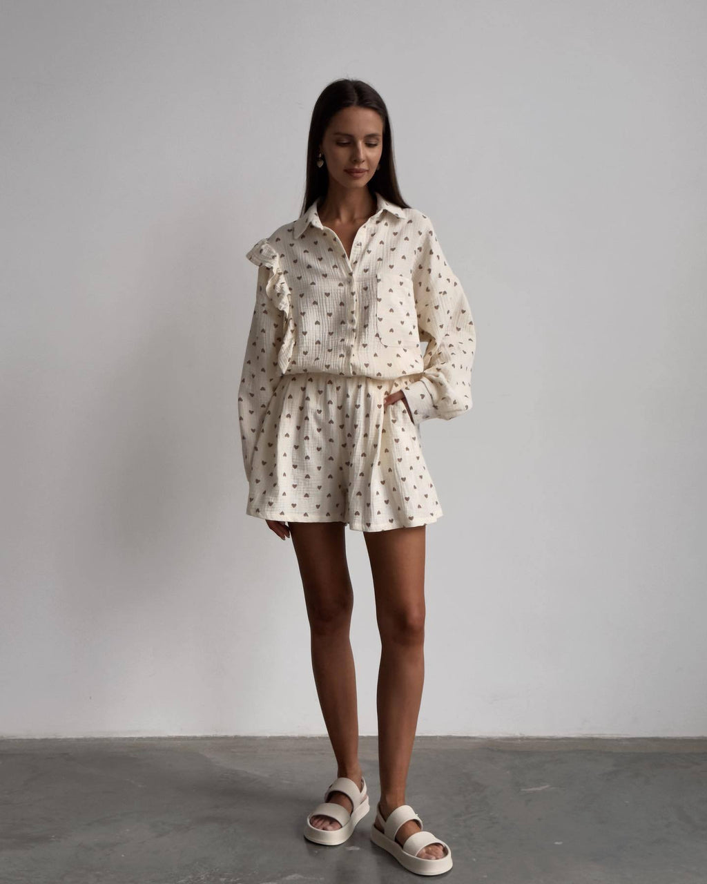 Ruffle Heart Printed Shirt and Shorts Set