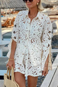Always Favourite Lace Hollow Tie-up Slit Long Sleeve Shirt and Elastic Waist Shorts Set