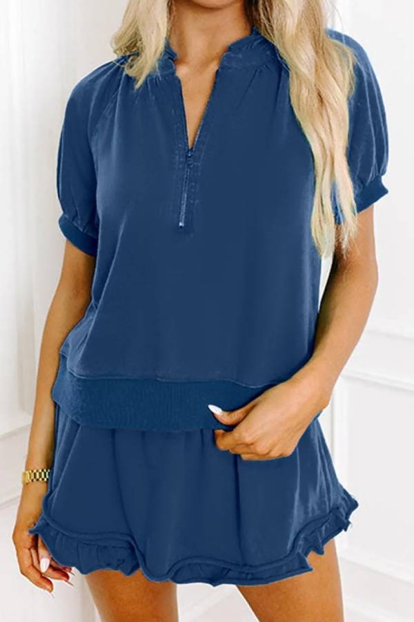 Women's Casual Half-zip Top and Ruffle Shorts Set