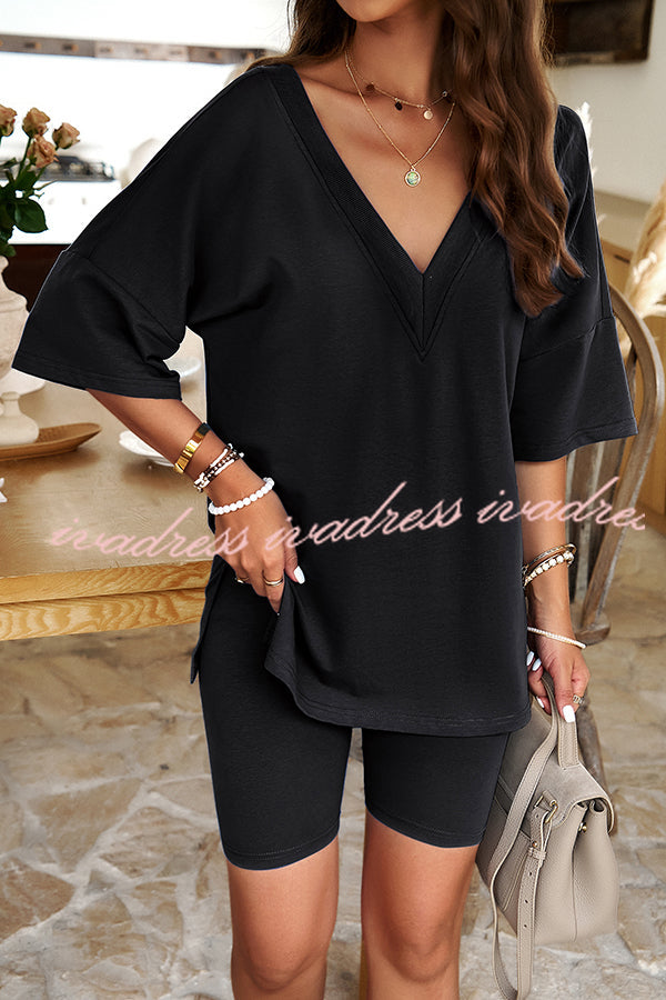 Commuting Style Solid Color V Neck Shorts Set