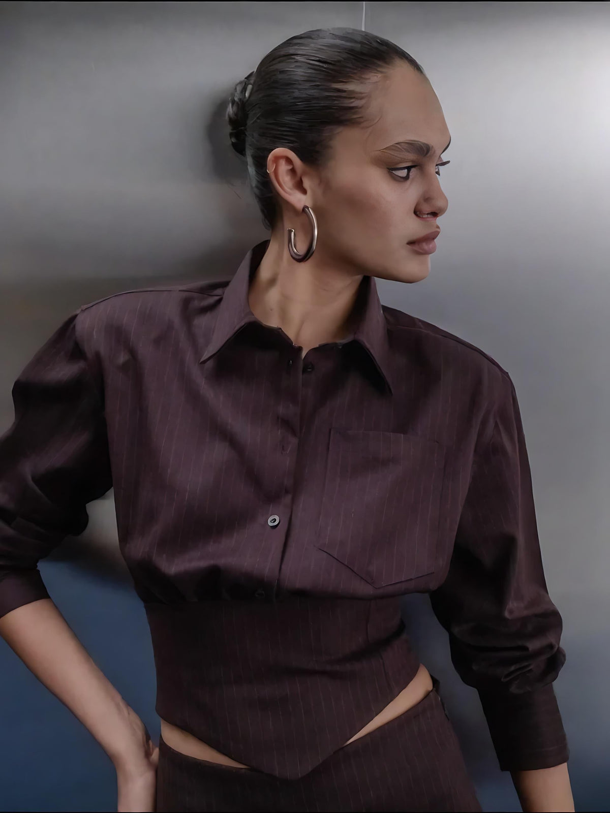 Burgundy Striped Backless Blouse & High-Waist Skort Set