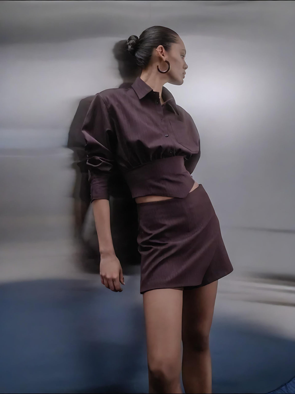 Burgundy Striped Backless Blouse & High-Waist Skort Set