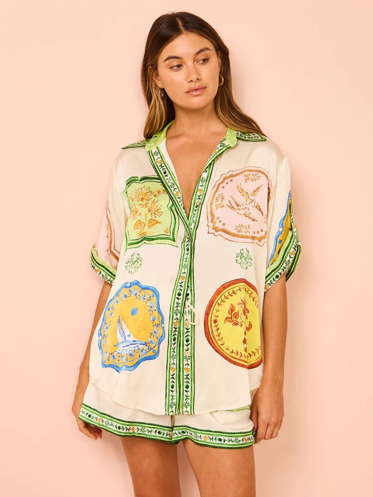Vacation Printed Short Slevees Shirt and Shorts Set