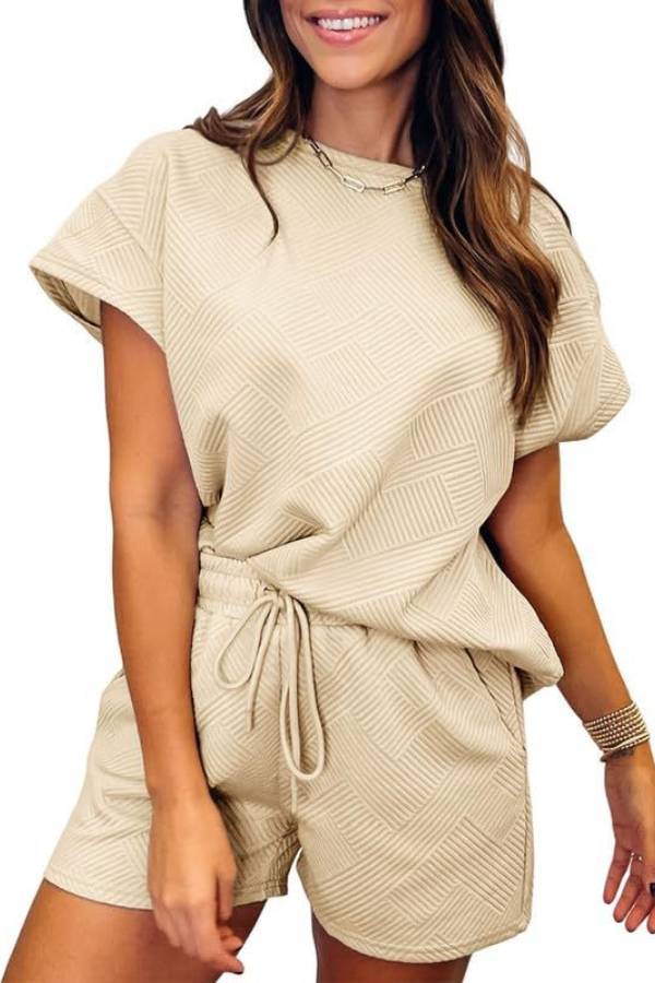 Women's Solid Textured Drawstring Shorts Set