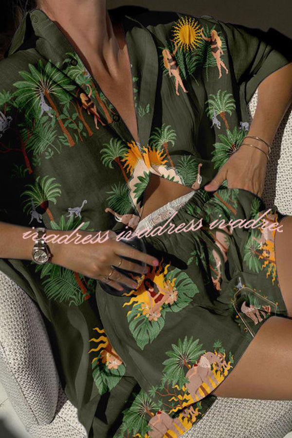 Summer Tropical Rainforest Print Pocket Lace Up Button Shorts Set